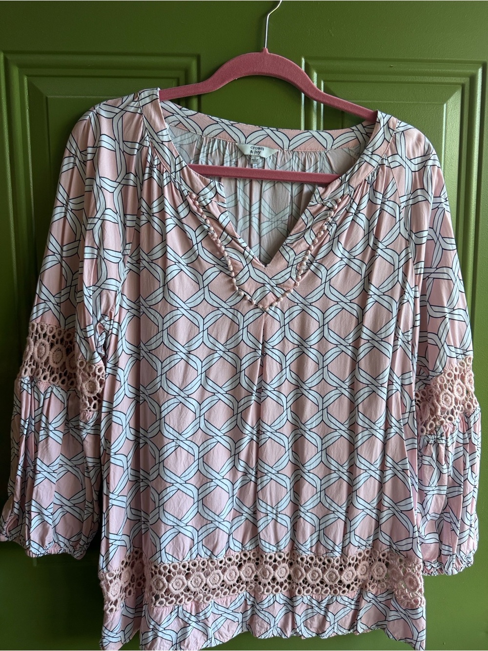 crown & ivy Pink Geometric V-Neck Tunic with Crochet Trim